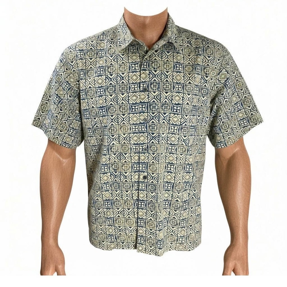 Cooke Street Hawaiian Aloha Shirt L Green Tribal Geometric Button Up Mens